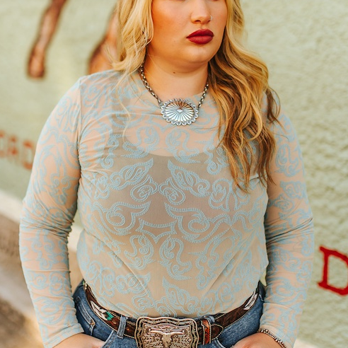 Camel and Blue Bootstitch Mesh Top