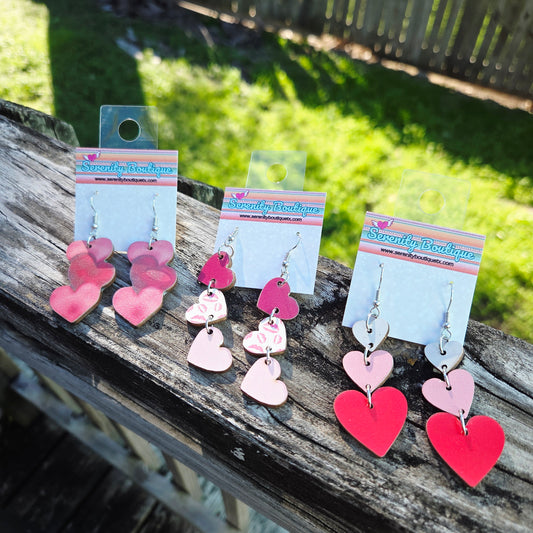 Wooden Triple Heart Earrings