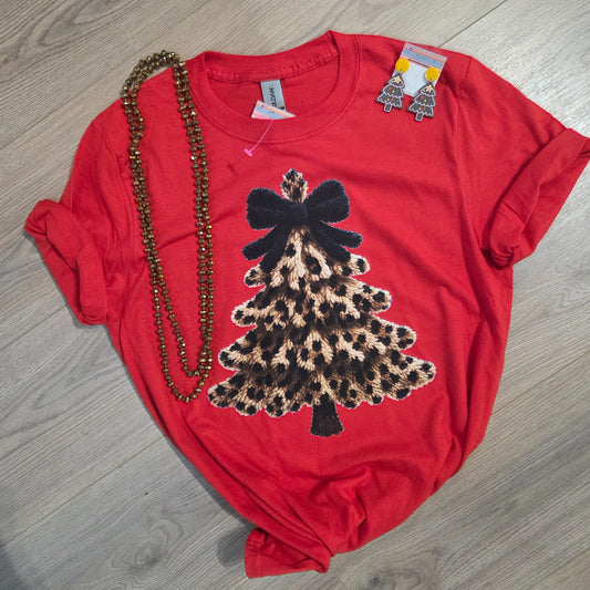 Leopard Christmas Tree RED Tee