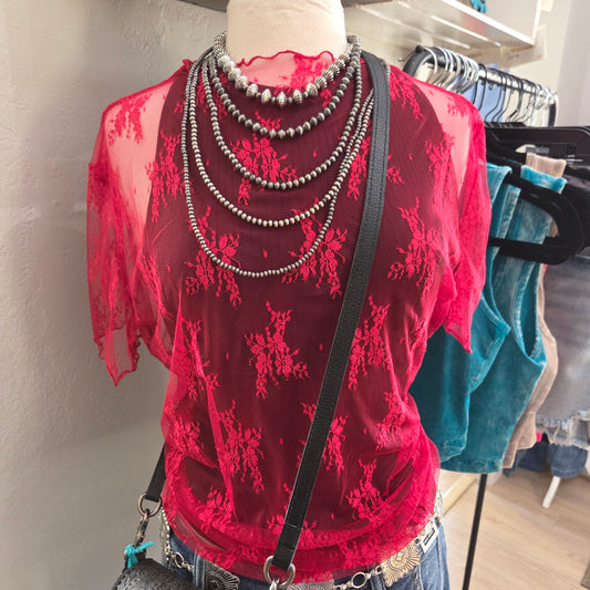 Floral Lace Short Sleeve Red Top