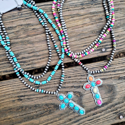 Stone Layered Cross Necklace