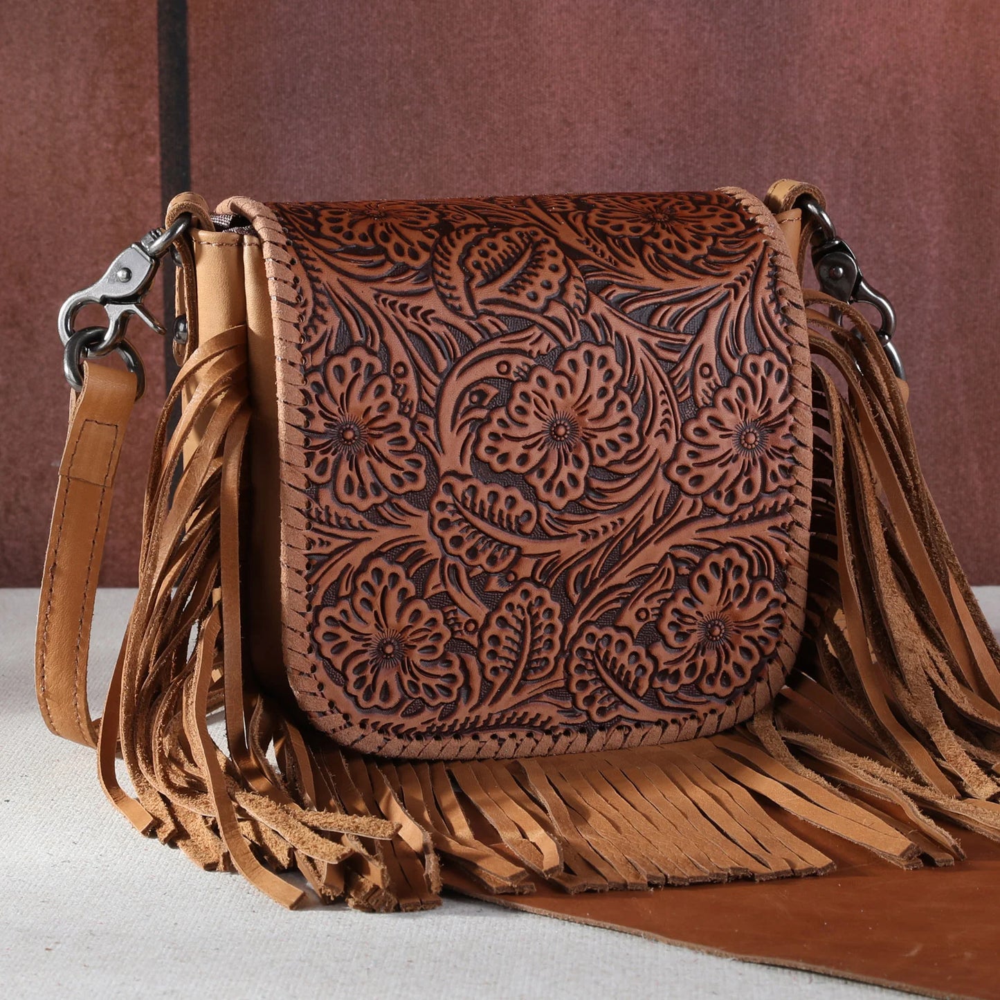 Montana West Genuine Leather Tooled Crossbody