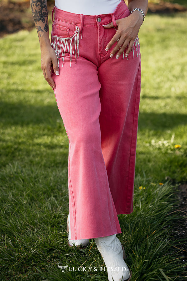 Forever Fringed Cropped Jean - PINK