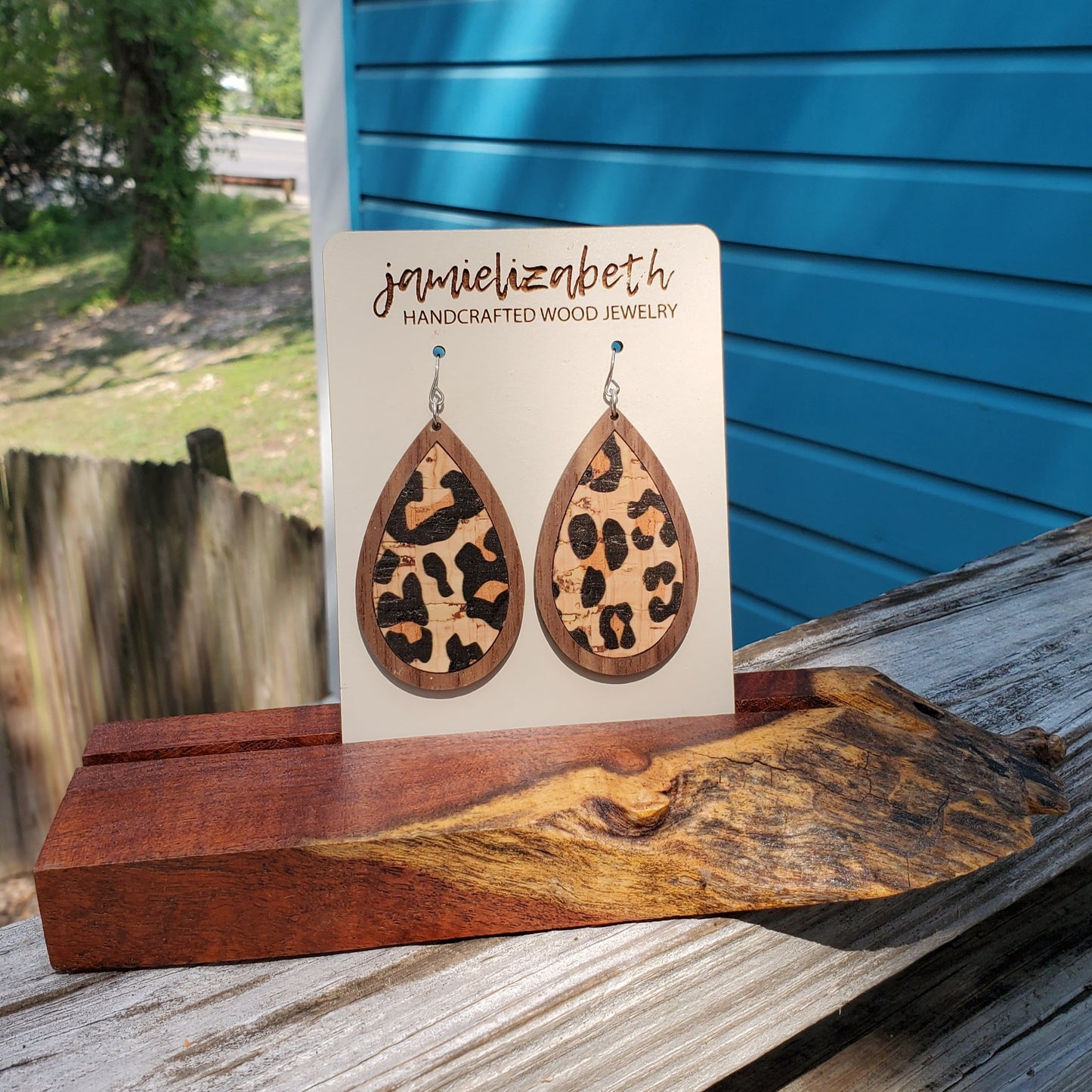 Leopard Cork Earrings In Large Walnut